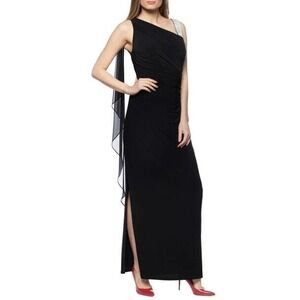 NWT Marina Rhinestone Strap Draped Waist Chiffon Gown Women's Black Size 8